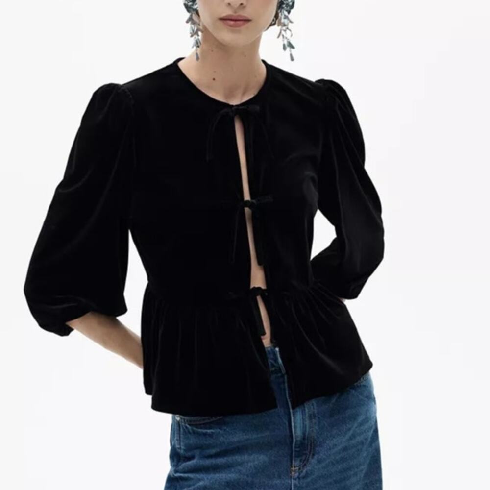 MANGO Women's Bows Detail Velvet Blouse Black Size S